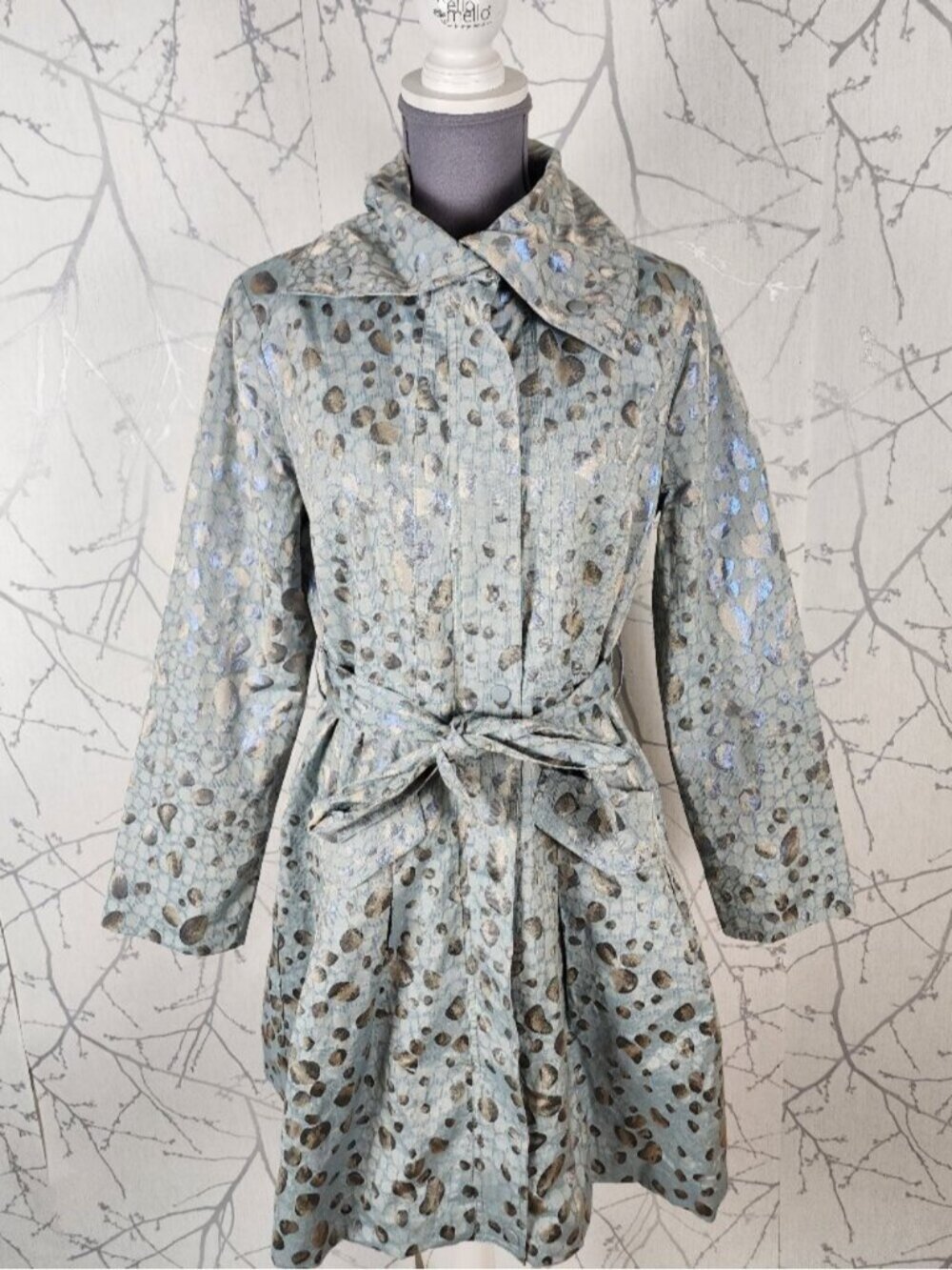 Samuel Dong Baby Blue Silver Polkadot Full Zip Belted Trench Coat